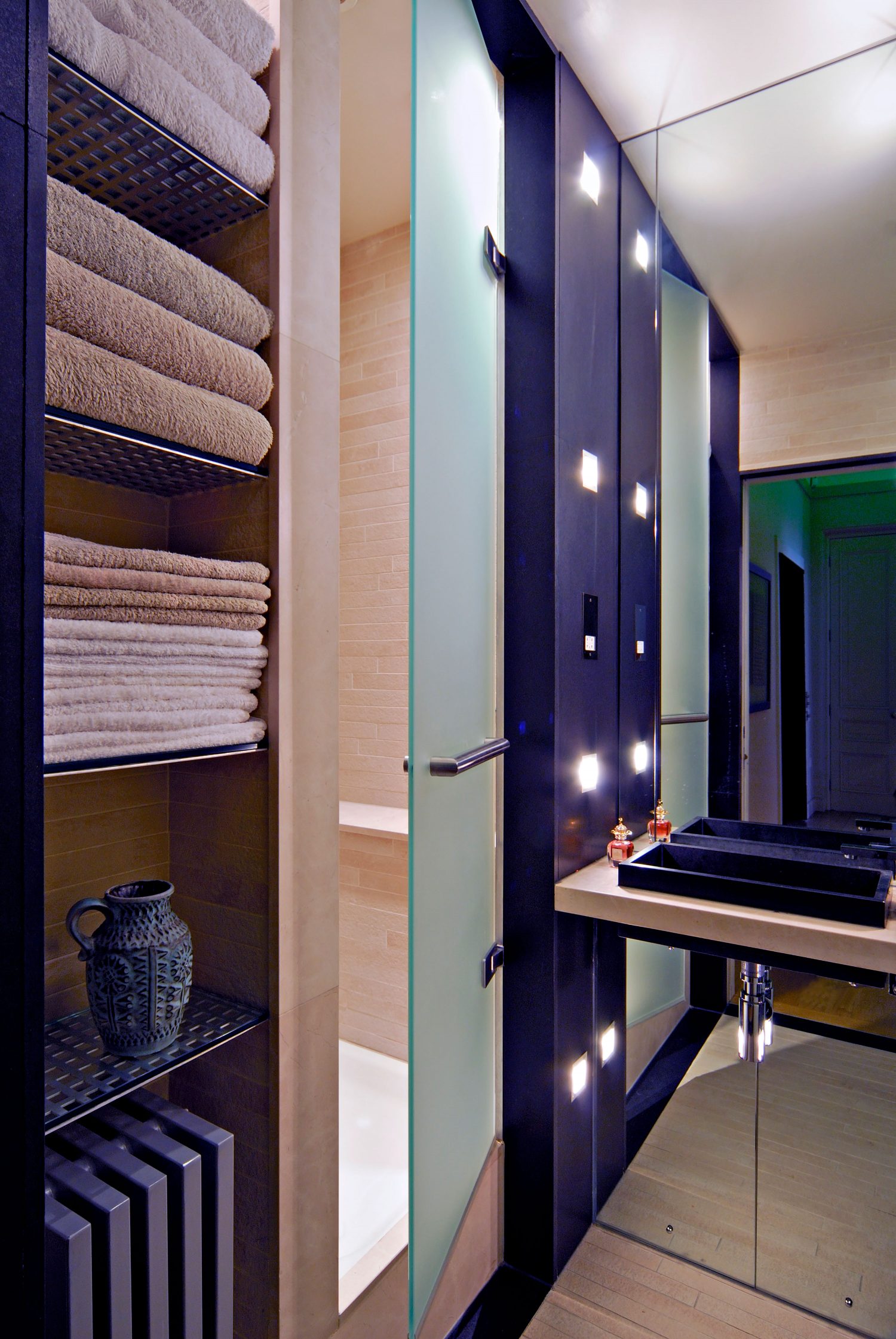 Two Grand Drawing Rooms by Daniel Hopwood – stylish bathroom shelving. Kensington interior design