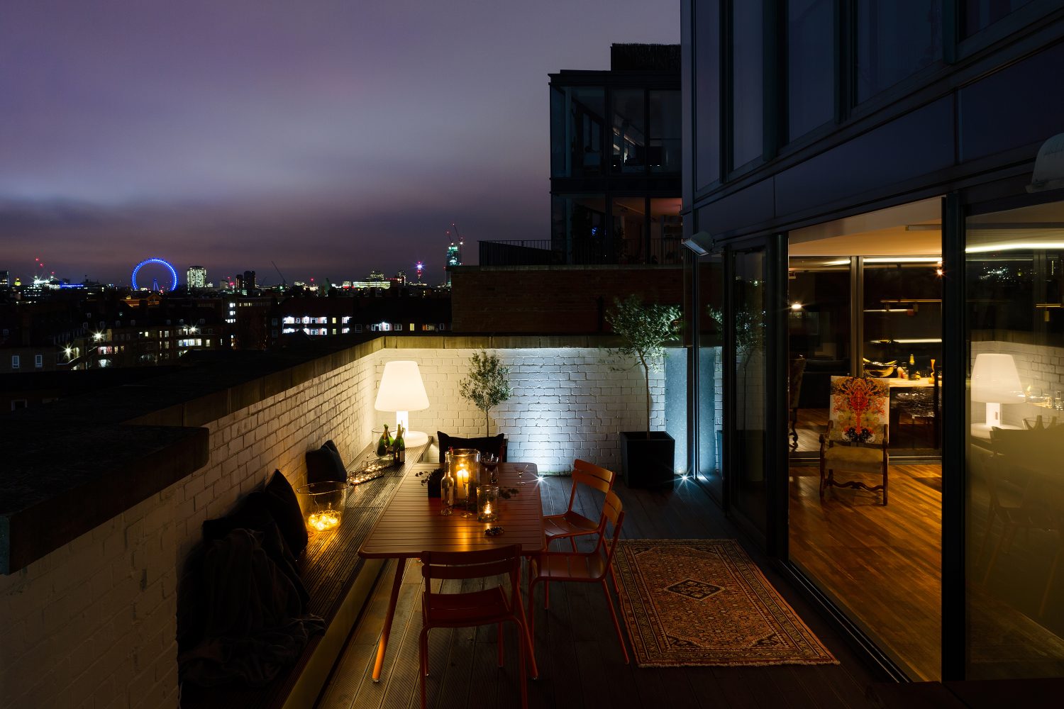 Night & Day by Daniel Hopwood – balcony with a London view. Penthouse interior design