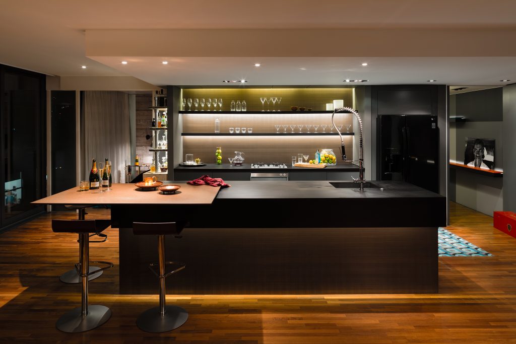 Night & Day by Daniel Hopwood – kitchen island. Penthouse interior design