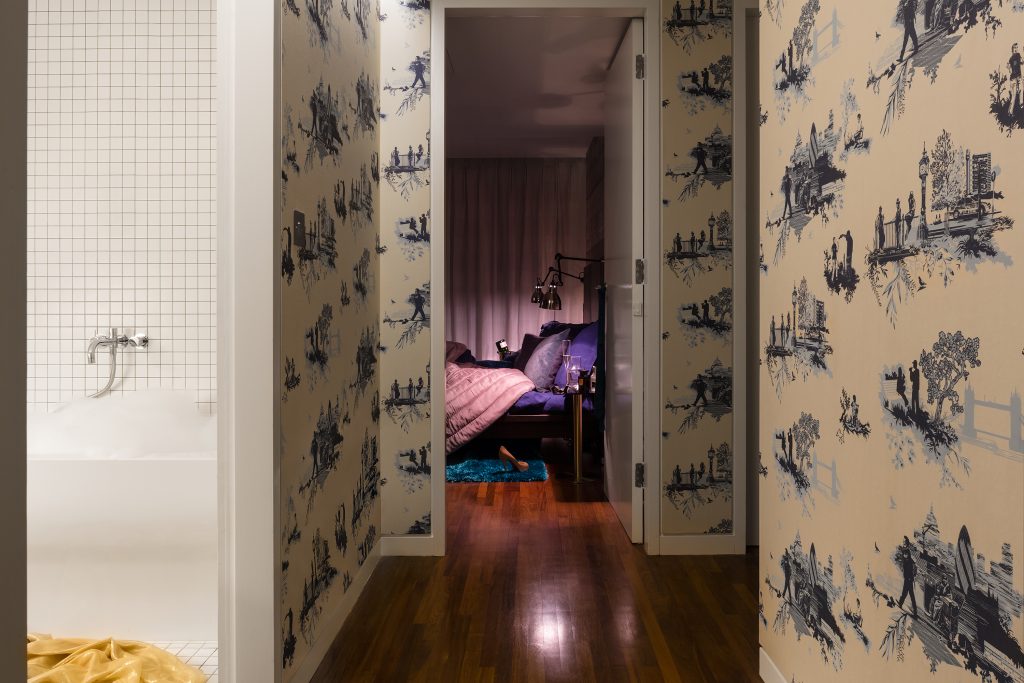 Night & Day by Daniel Hopwood – Timorous Beasties London toile wallpaper. Penthouse interior design