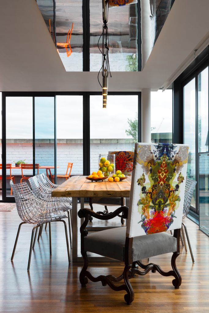 Night & Day by Daniel Hopwood – dining room with French carver chairs. Penthouse interior design, London