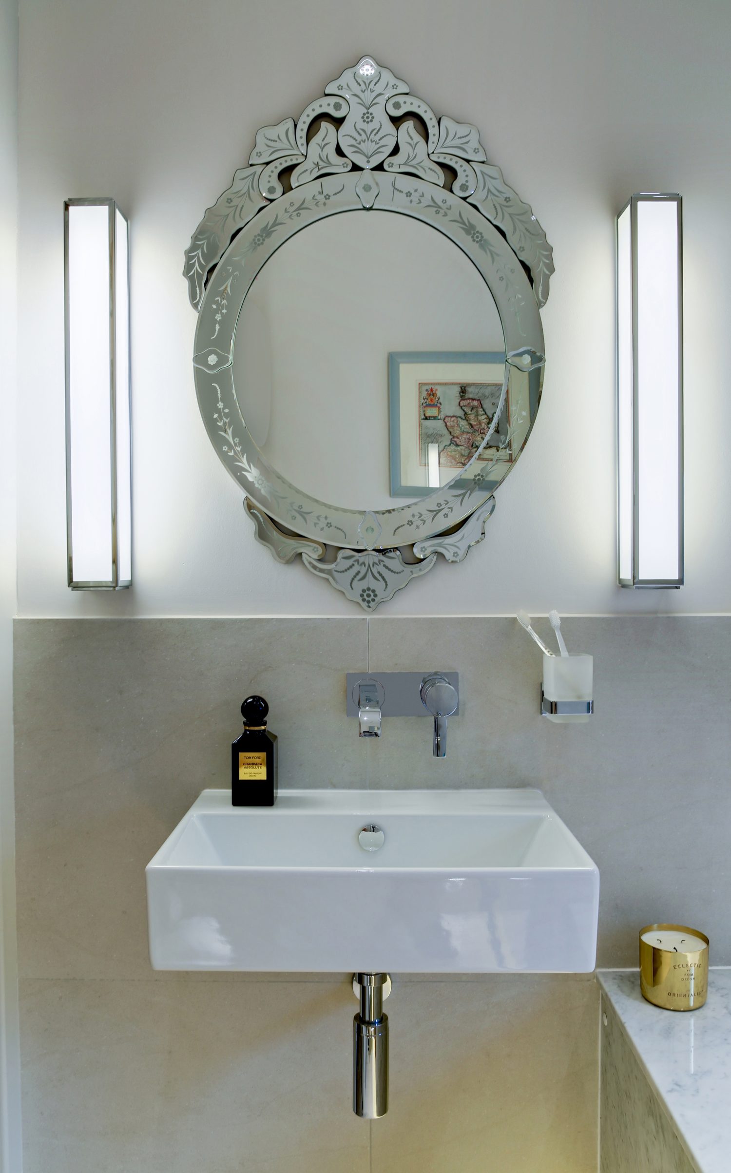 Glamour’s Back! by Daniel Hopwood – bathroom, mirror detail. Interior design consultation, Maida Vale