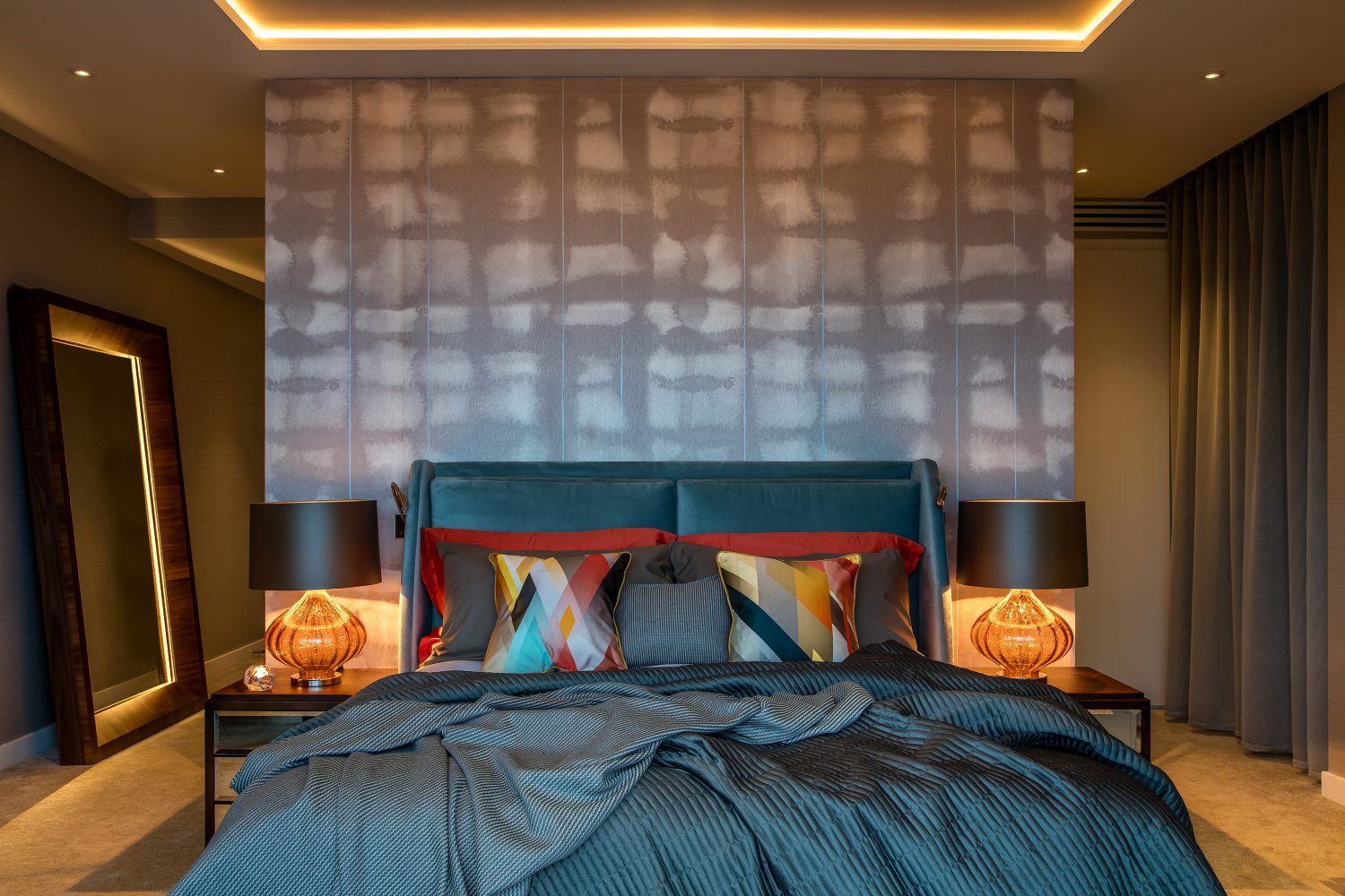 Sound & Vision by Daniel Hopwood – calming bedroom décor with Kit Miles cushions. Berkeley Homes, Aldgate