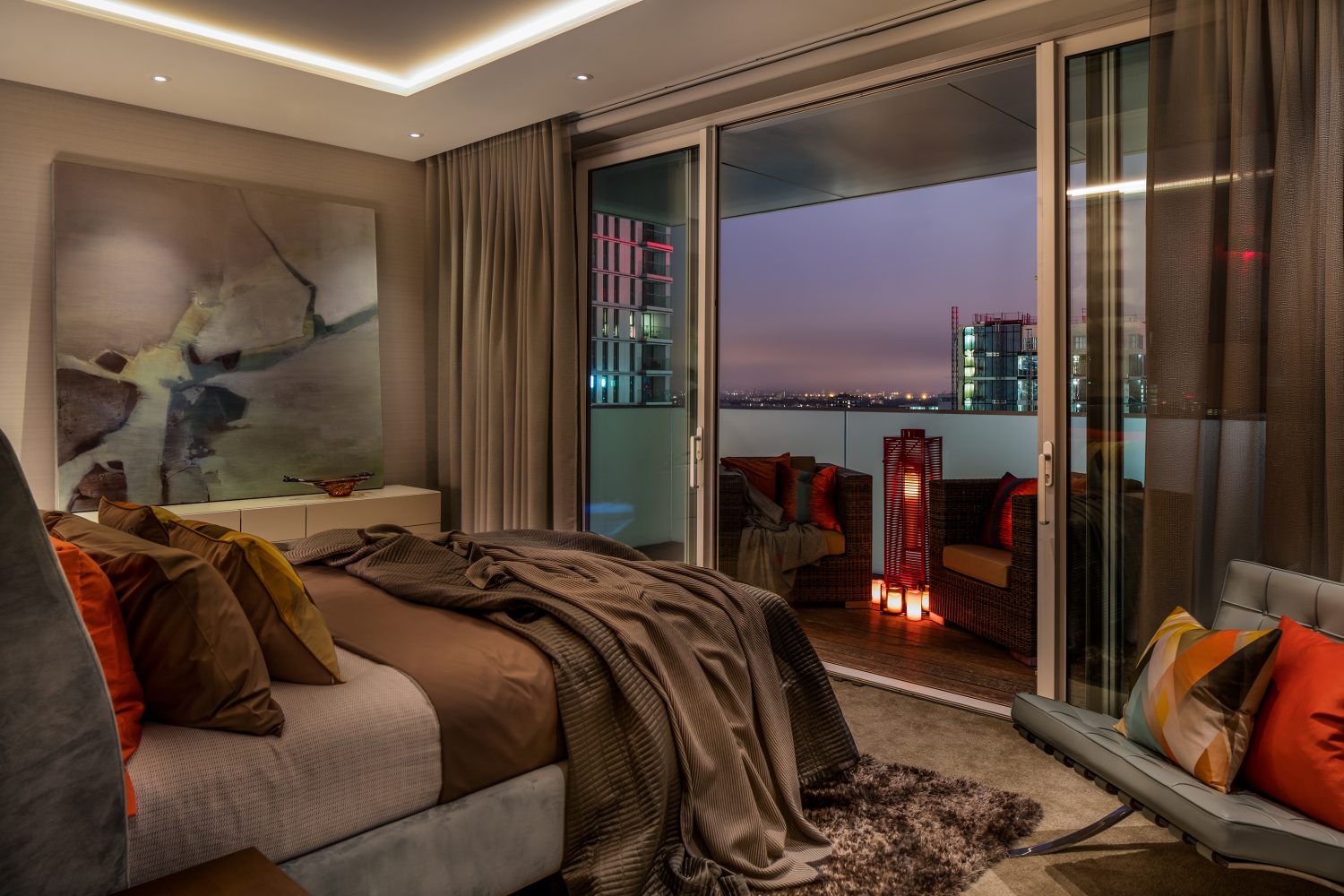 Sound & Vision by Daniel Hopwood – bedroom with a balcony and London views. Berkeley Homes, Aldgate