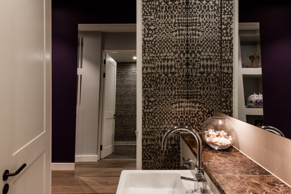Complicity by Daniel Hopwood – deep purple bathroom. Indian interior design