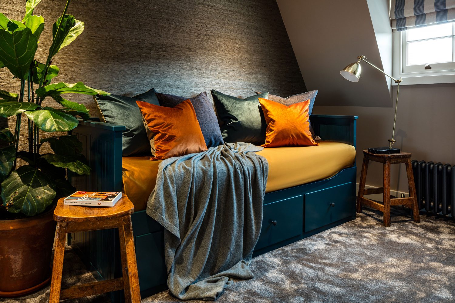 The Sound of Silence - Celebrity interiors. Daniel Hopwood, interior designer London. Orange and blue accents sofa