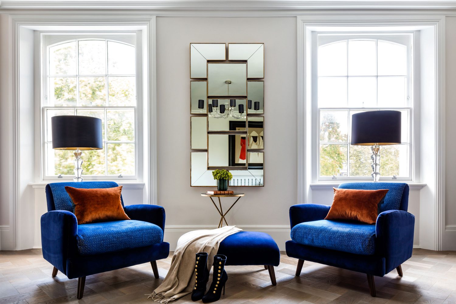 British Reserve by Daniel Hopwood – reading corner with blue detail. Interior designer Kensington