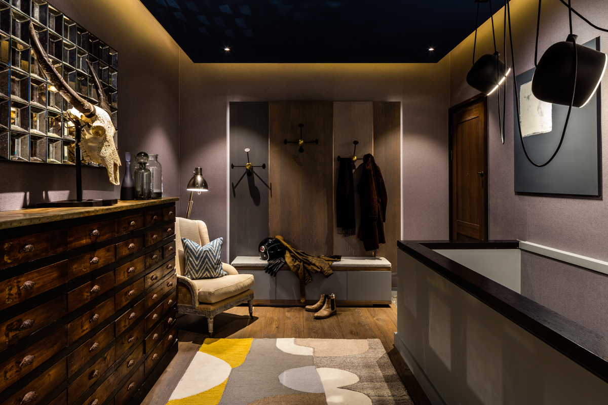 Gentleman’s Quarters by Daniel Hopwood – modern hallway in dark tones. Masculine interior design