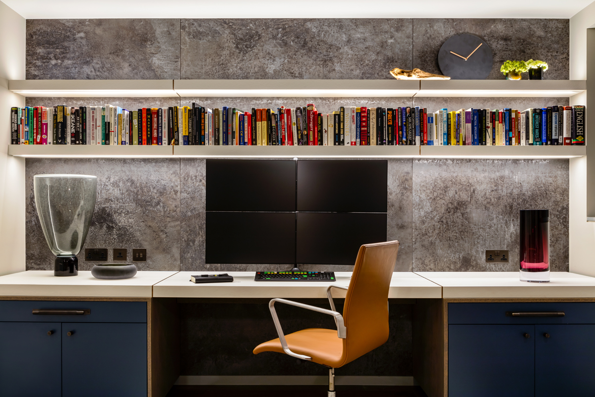 Gentleman’s Quarters by Daniel Hopwood – home office with bespoke desk and shelving. Masculine interior design, London