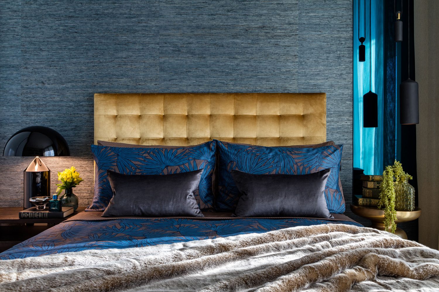 Daniel Hopwood Dollar Bay penthouse design. Blue bedroom with gold accents