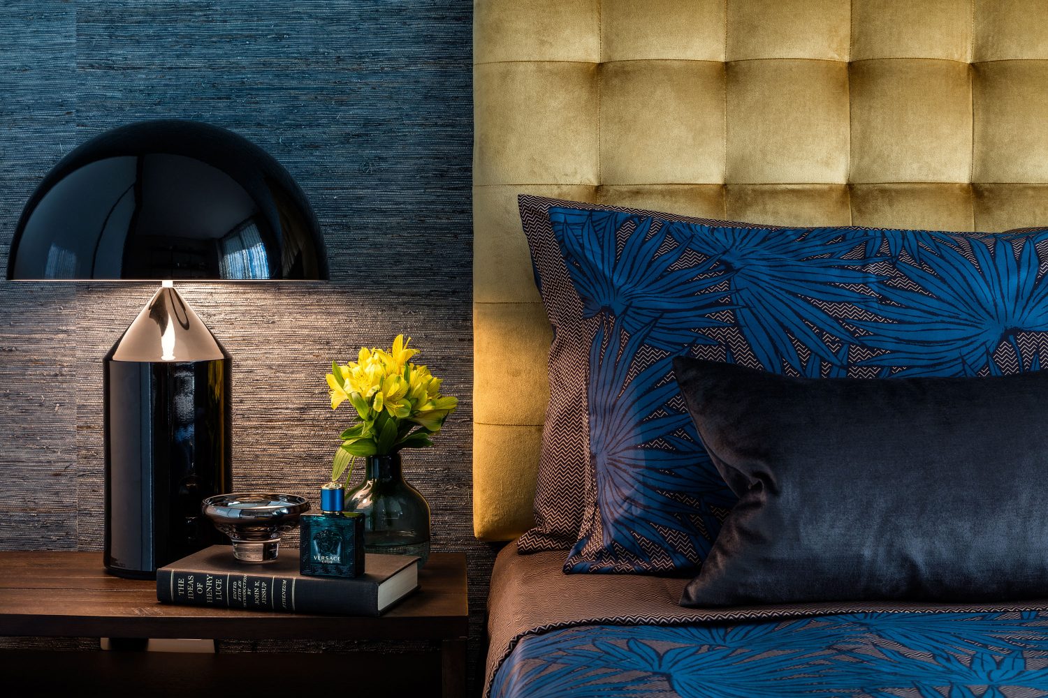 Daniel Hopwood Dollar Bay penthouse design. Blue bedroom with gold accents, close up
