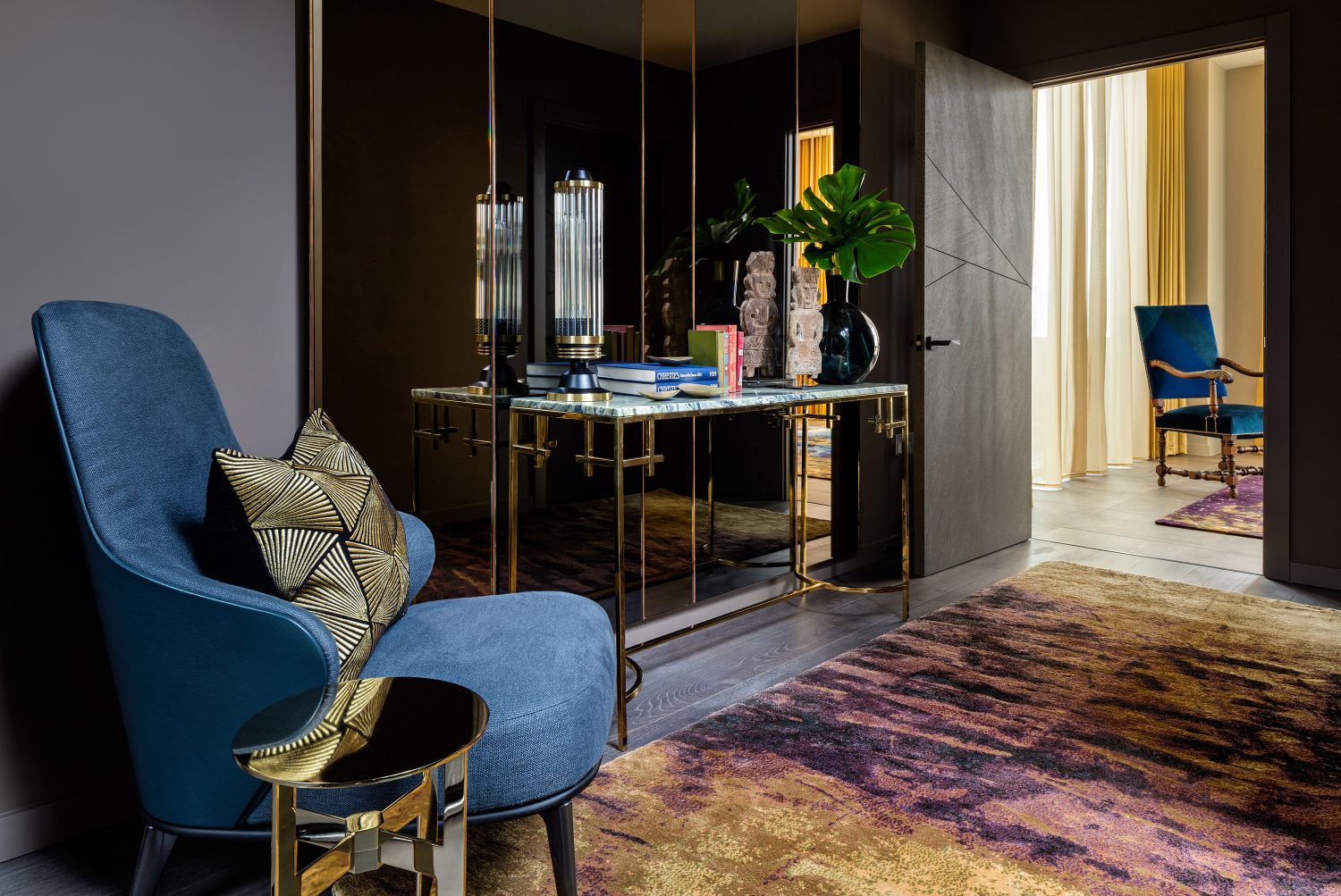 Daniel Hopwood Dollar Bay penthouse design. Blue chairs and purple rug
